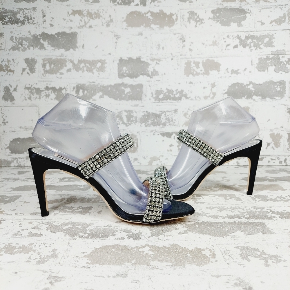 New Badgley Mischka Sade Black Rhinestone Strap Heeled Sandals K1023 - Picture 3 of 11